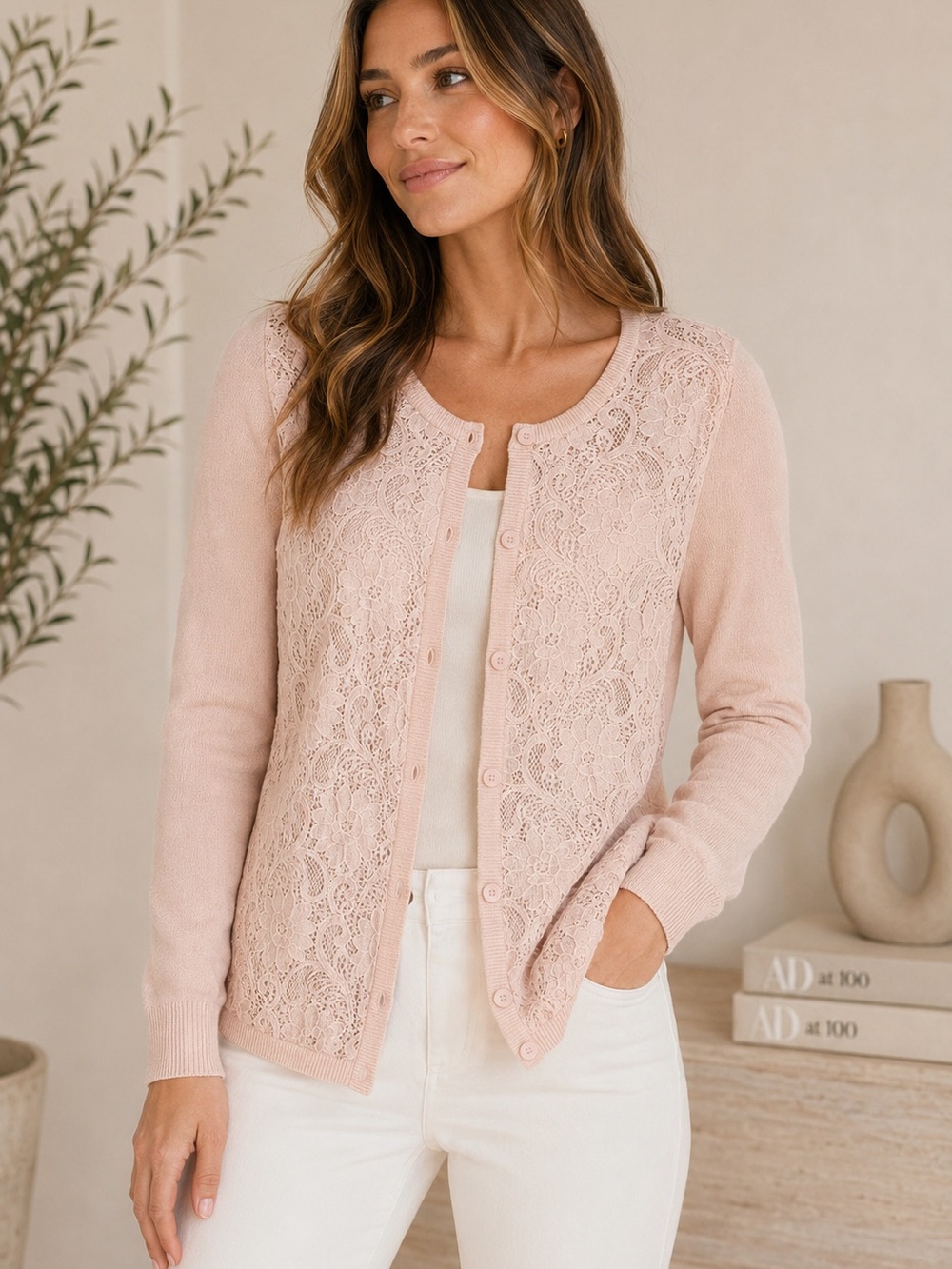 Anne Klein Blush Lace Front Cardigan